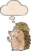 dibujos animados erizo vistiendo sombrero con pensamiento burbuja en grunge textura estilo png