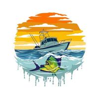 Mahi mahi dorado barco pescar ilustración logo imagen t camisa vector