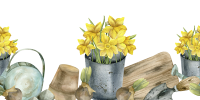 gul påskliljor i metall trädgård hink, årgång vattning burk, blomma pott och lökar sömlös gräns. vattenfärg baner med blommor och trädgård verktyg för tidskrift, produkt förpackning, brevpapper design png