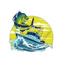 Mahi mahi dorado barco pescar ilustración logo imagen t camisa vector