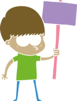 nervous flat color style cartoon boy holding placard png