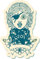 Retro Tattoo Style elf rogue character with natural twenty dice roll png