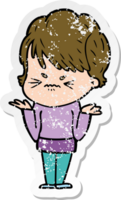 distressed sticker of a cartoon frustrated woman png