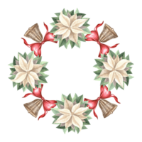 poinsétia flores com sinos e arco. Natal quadro, Armação quadrado, vintage. mão desenhado aguarela ilustração tradicional plantas para inverno fundo. isolado modelo para cartão, convite, Novo ano. png