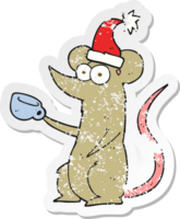 retro distressed sticker of a cartoon mouse wearing christmas hat png