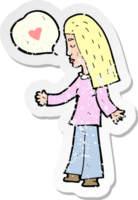 retro distressed sticker of a cartoon woman in love png