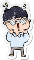 distressed sticker of a cartoon happy boy wearing spectacles png