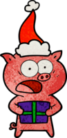 hand drawn textured cartoon of a pig with christmas present wearing santa hat png