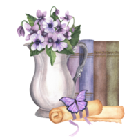 Silver jug with pansies, standing books and yellowed paper scrolls. Lilac exotic butterfly sitting on a scroll. Hand-drawn watercolor illustration. png