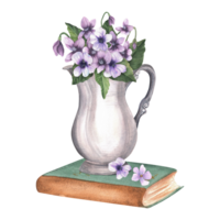 Vintage silver jug full of violets standing on a book. Antique vase with flowers on a vintage book. Floral bouquet. Hand-drawn watercolor illustration. png