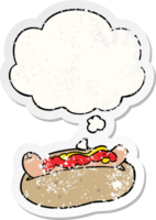 cartoon hotdog with thought bubble as a distressed worn sticker png