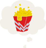 cartoon box of popcorn with thought bubble in retro style png