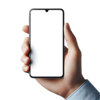 mockup van smartphone in mannetje hand- geïsoleerd. blanco wit scherm. mobiel toepassing ontwerp en reclame. png