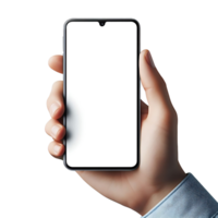 Attrappe, Lehrmodell, Simulation von Smartphone im männlich Hand isoliert. leer Weiß Bildschirm. Handy, Mobiltelefon Anwendung Design und Werbung. png