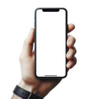 modello di smartphone nel maschio mano con orologio isolato. vuoto bianca schermo. mobile applicazione design e pubblicità, in linea marketing. png