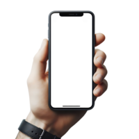 Attrappe, Lehrmodell, Simulation von Smartphone im männlich Hand mit Uhr isoliert. leer Weiß Bildschirm. Handy, Mobiltelefon Anwendung Design und Werbung, online Marketing. png
