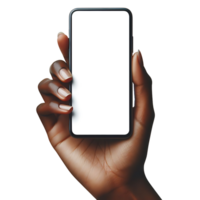 Attrappe, Lehrmodell, Simulation von ein Smartphone im weiblich Hand mit ein ordentlich Maniküre isoliert. Weiß leer Bildschirm. Handy, Mobiltelefon Anwendung Design und Werbung, online Marketing. png