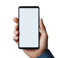 Attrappe, Lehrmodell, Simulation von ein Smartphone im ein des Mannes Hand isoliert. Weiß leer Bildschirm. Handy, Mobiltelefon Anwendung Design und Werbung, online Marketing. png