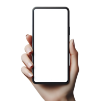attrapp av en smartphone i kvinna hand med en propert manikyr isolerat. vit tom skärm. mobil Ansökan design och reklam, uppkopplad marknadsföring. png