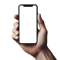 Smartphone Attrappe, Lehrmodell, Simulation im männlich Hand isoliert. Weiß leer Bildschirm. Handy, Mobiltelefon Anwendung Design und Werbung, online Marketing. png