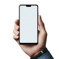smartphone mockup in mannetje hand- met klok geïsoleerd. blanco wit scherm. mobiel toepassing ontwerp en reclame, online marketing. png