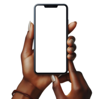 Mockup of a smartphone in female hands with a neat manicure isolated. White blank screen. Mobile application design and advertising, online marketing. png