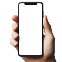 Smartphone Attrappe, Lehrmodell, Simulation im männlich Hand isoliert. leer Weiß Bildschirm. Handy, Mobiltelefon Anwendung Design und Werbung. png