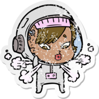 distressed sticker of a cartoon astronaut woman png