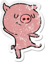 distressed sticker of a happy cartoon pig png