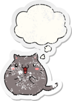 happy cartoon cat with thought bubble as a distressed worn sticker png