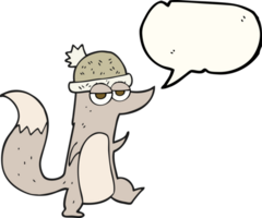 hand drawn speech bubble cartoon little wolf wearing hat png