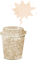 cartoon takeout coffee cup with speech bubble in grunge distressed retro textured style png