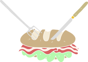 flat color illustration of knife and fork cutting huge sandwich png