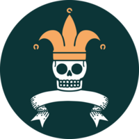 icône de style tatouage avec la bannière d'un bouffon du crâne png