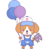 Happy dog with balloons and flowers png