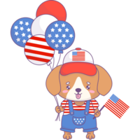 Dog boy in patriotic clothes with American flag and balloons png