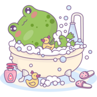 Frog bathes in bath with foam png