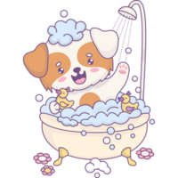 Dog bathes in bath with foam and rubber duck png