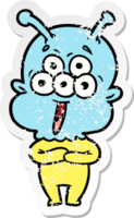 distressed sticker of a happy cartoon alien png