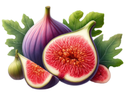 Digital illustration of a juicy fig, purple, green, cut, whole, with leaves. Clip art isolated on transparent background. For shops, wedding invitations, food business png