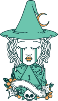 Retro Tattoo Style crying elf mage character face with natural one D20 roll png