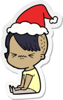 hand drawn sticker cartoon of a annoyed hipster girl wearing santa hat png