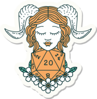 sticker of a tiefling with natural 20 D20 dice roll png