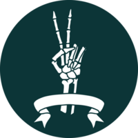 Tattoo-Stil-Ikone mit Banner eines Skeletts, das ein Friedenszeichen gibt png