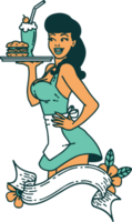 tattoo in traditional style of a pinup waitress girl with banner png