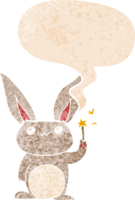 mignonne dessin animé lapin avec discours bulle dans grunge affligé rétro texturé style png