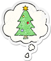 desenho animado Natal árvore com pensamento bolha Como uma angustiado desgastado adesivo png