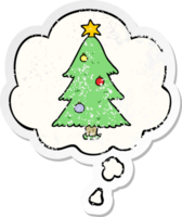 cartoon christmas tree with thought bubble as a distressed worn sticker png