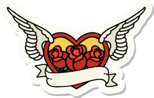 Tattoo-Aufkleber im traditionellen Stil eines fliegenden Herzens mit Blumen und Banner png