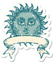 worn old sticker with banner of a sun with face png